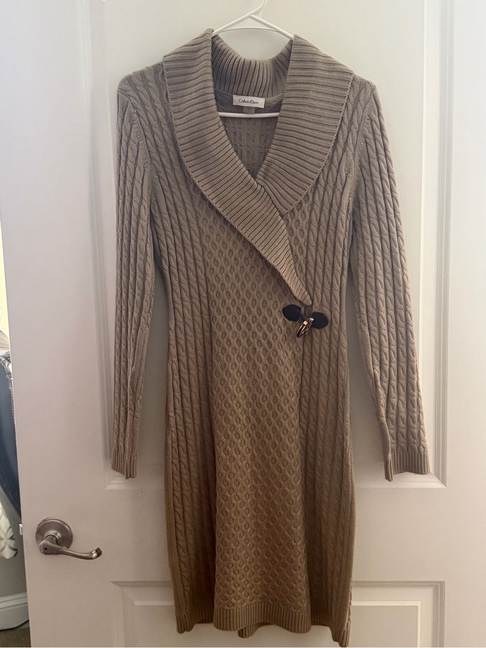 Calvin Klein Taupe Cable Knit Shawl Collar Sweater Dress with Toggle